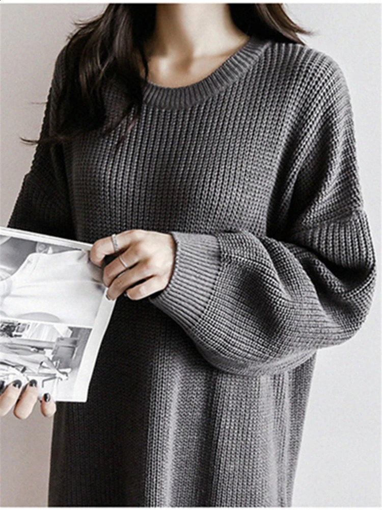 REALEFT Autumn Winter Oversize Womens Knitted Dresses ONeck Side Split Loose Long Sleeve Sweater Dress Female 241218