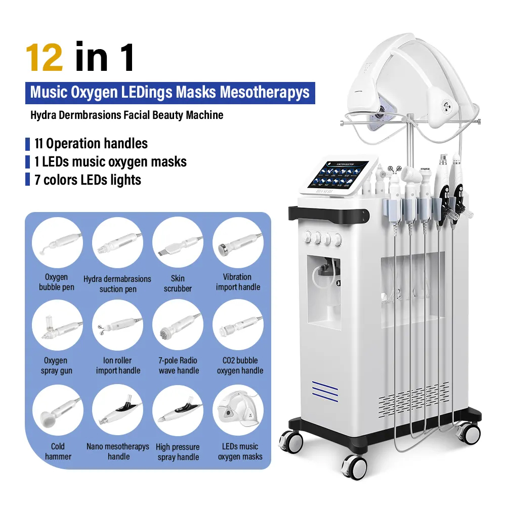 High Performance Face Dermabrasion Machine 12 in 1 Oxygen Face Aqua Peel Bubble Spray Face Purification Oxygen Mask PDT Photodynamic Skin Rejuvenation