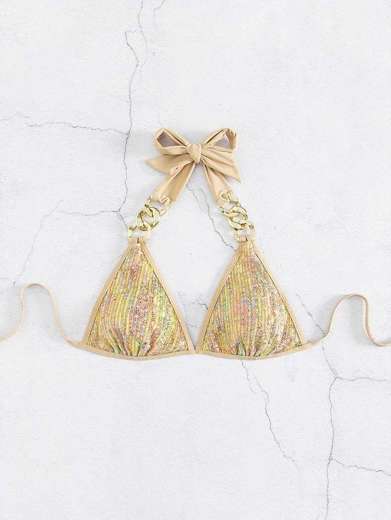 Shiny Sequin Gold Bikini Set 2025 Women Metal Strap Push Up Micro Swimsuit Luxury Cut Out Bathing Suit Chain Thong SwimwearXJ241223
