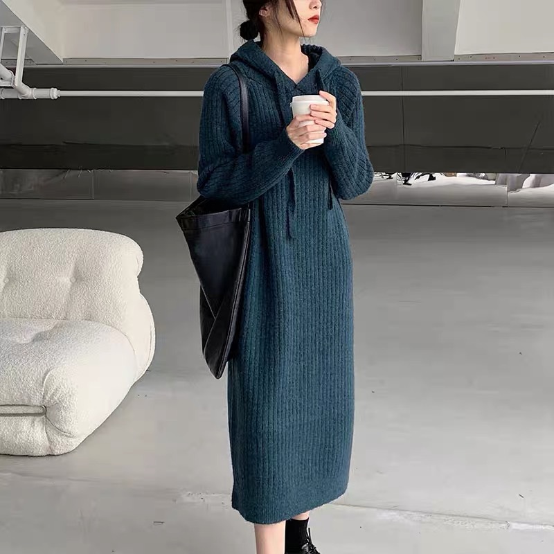 L965775 Mid-length hooded knitted dress for women autumn and winter new loose slim lazy pullover bottoming sweater dress