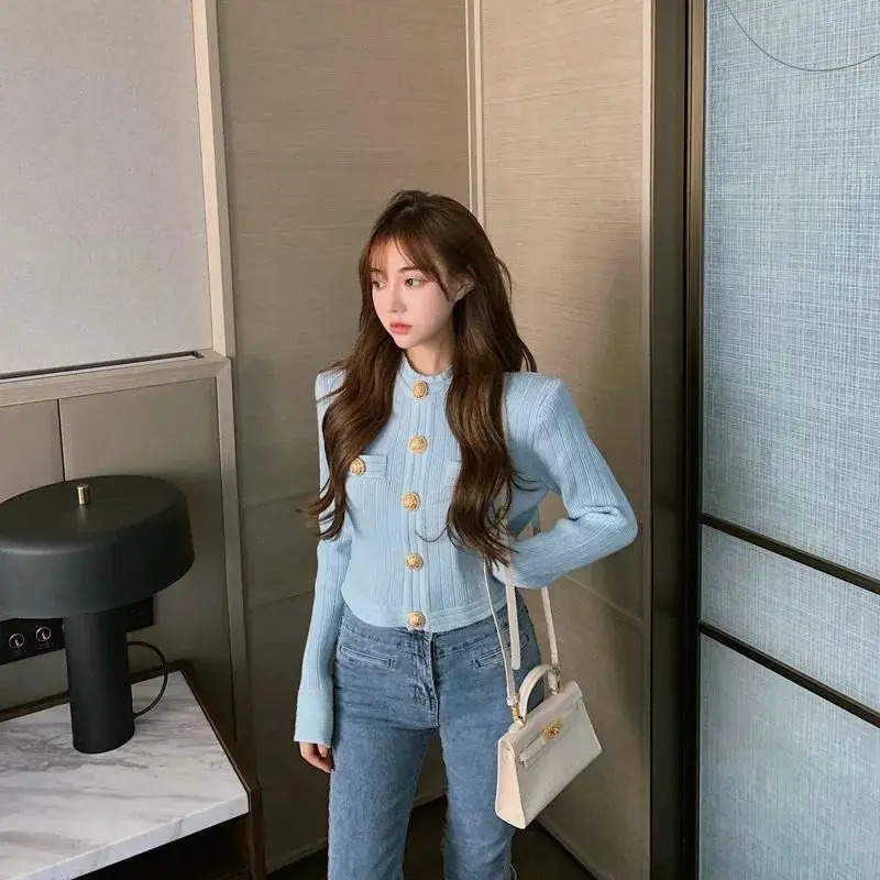 Korobov Elegant OL Long Sleeve O Neck Women Sweaters Autumn Winter Button Korean Fashion Cropped Cardigan 241220