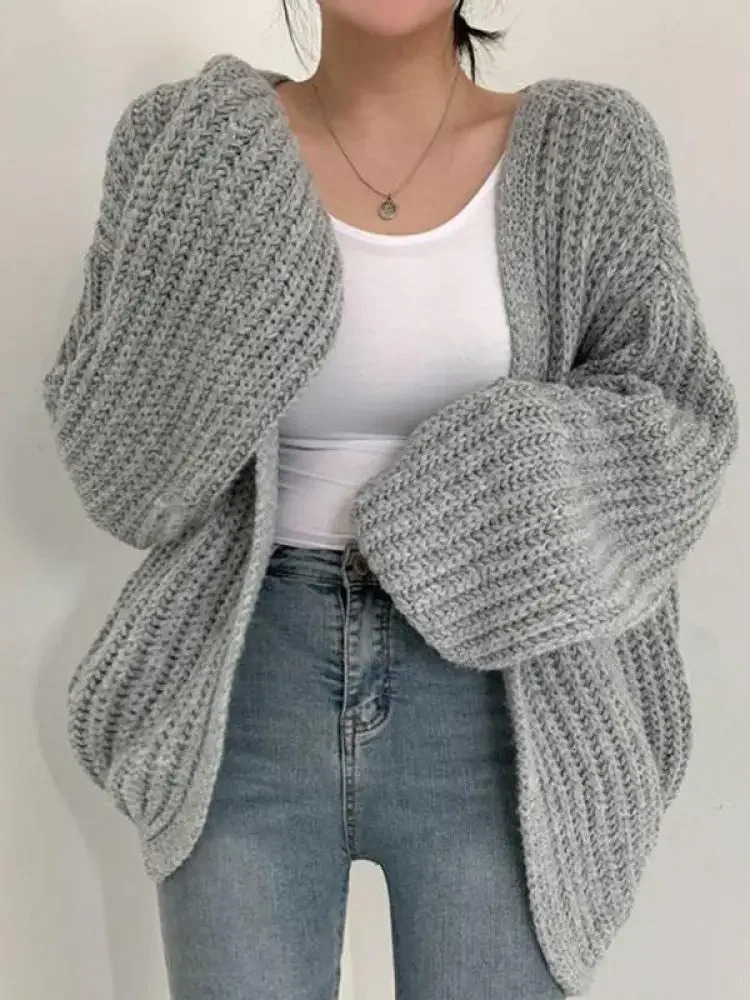 Korea Vintage Harajuku Lantern Sleeve Women Cardigan Sweater Casual Korean Fall Streetwear Tops Coat Chic Lazy Wind Y2k 241220