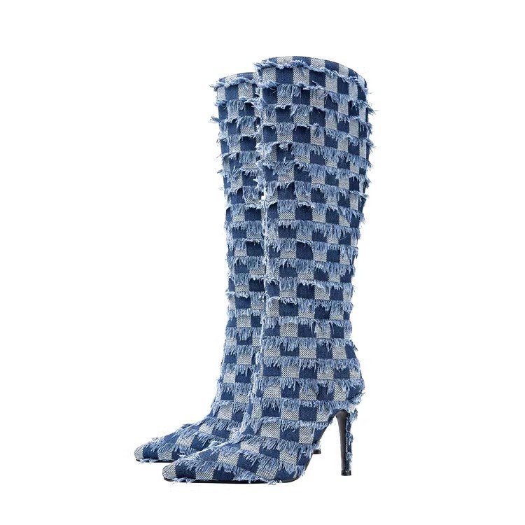 Design Brand Women Knee Denim Stiletto Thin High Heels Sexy Party Dress Woman New Autumn Boots Long Pointed Toe Shoes 1815