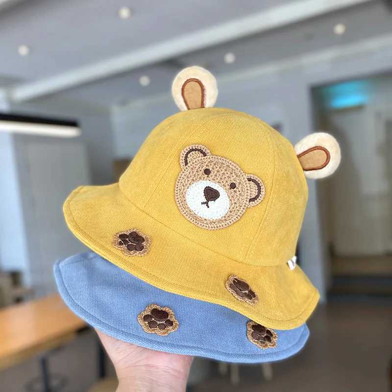 Caps Hats Cute Bear Childrens Bucket Hat New Spring Boys and Girls Sun Hat Cartoon Outdoor Summer Childrens Hat Hip Hop Baby Hat Korean Style 1-3Y H24