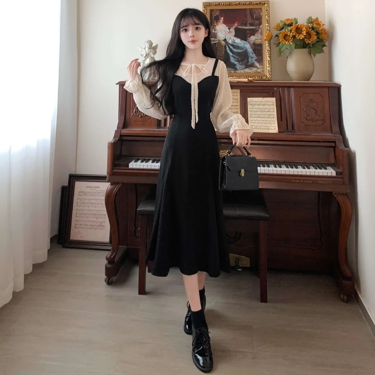 G1912 dress autumn and winter new French style fake two-piece bottoming skirt retro design little black skirt