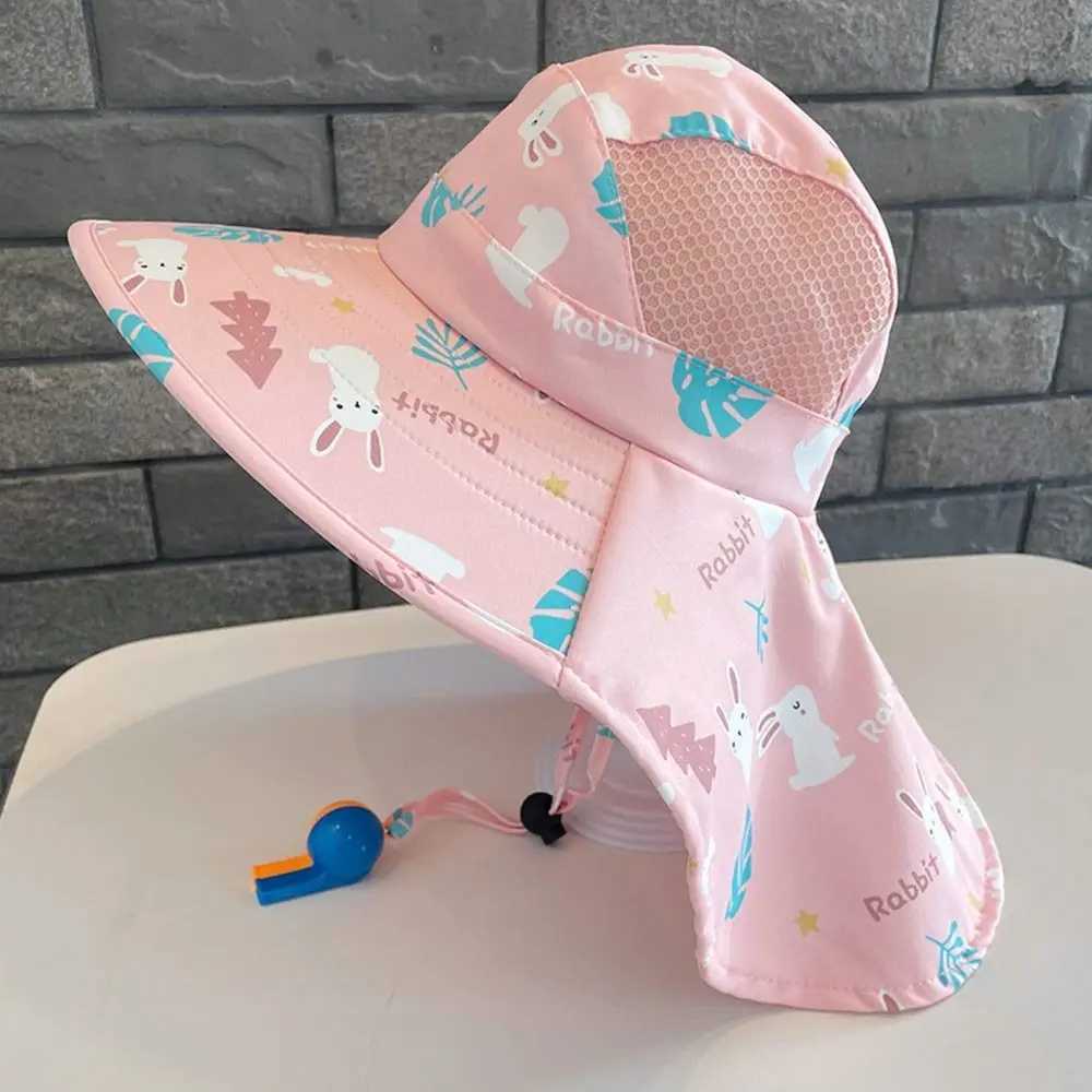 Caps Hats Summer baby sun hat bucket hat with whistle suitable for girls boys outdoor neck earmuffs UV resistant childrens beach hat H241223