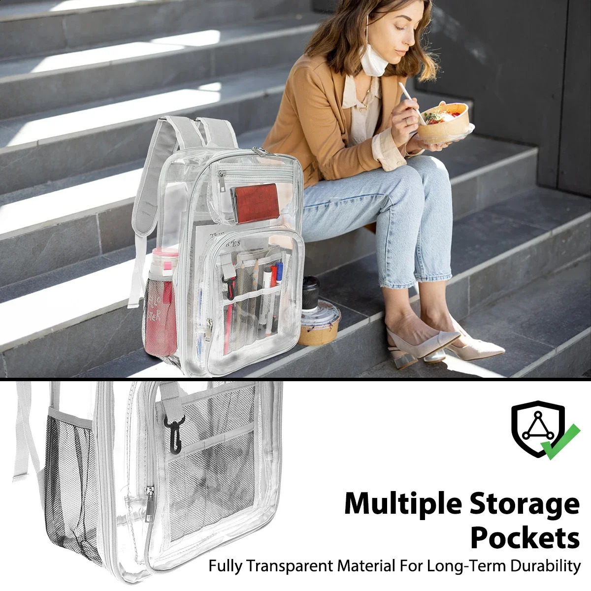 Fashion Clear Backpack Large Capacity School Bag with Multiple Pockets Heavy Duty PVC Transparent Travel Bag Comfortable Outdoor 241223