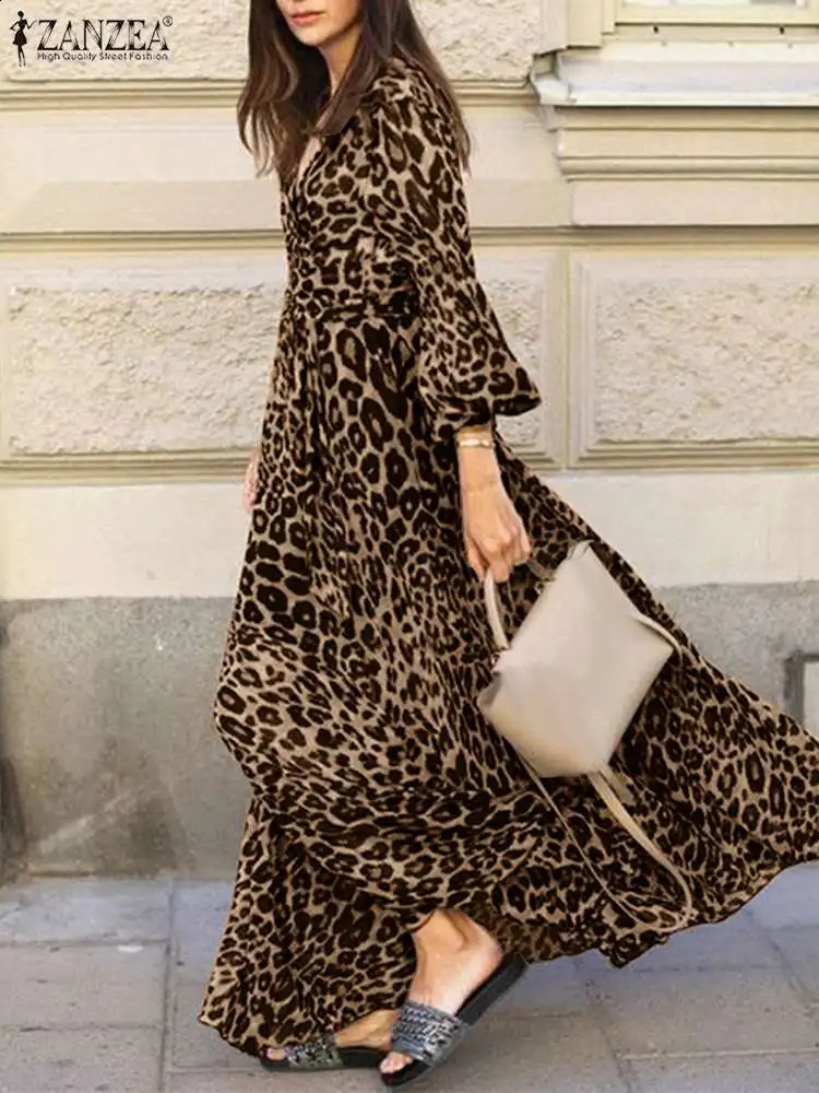 Vintage Women Long Sleeve Leopard Dresses ZANZEA Autumn Sundress Fashion Maxi Long Dress Party Vestidos Female V Neck Print Robe 241223