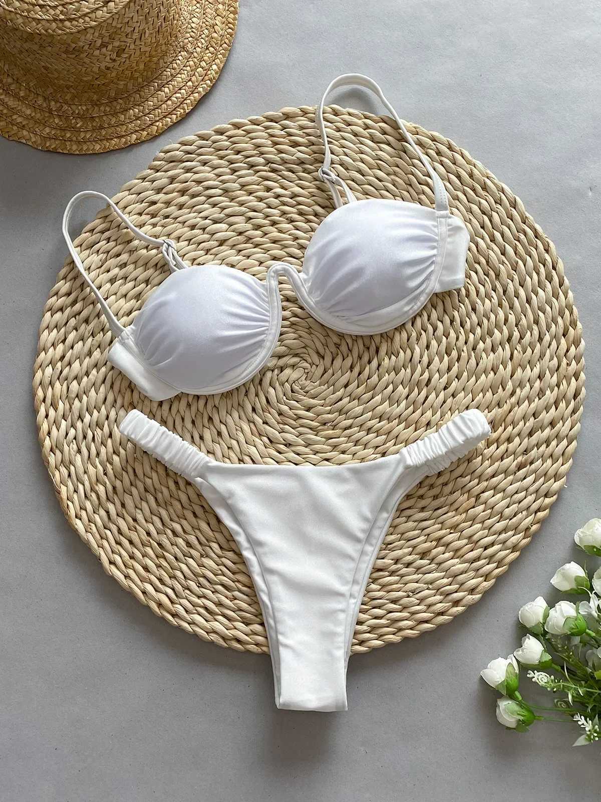 Sexy 3D Flower Bikini Set 2025 Women Black White V Wire Underwired Micro Mini Swimsuit Beach Bathing Suit Pleate Thong SwimwearXJ241223