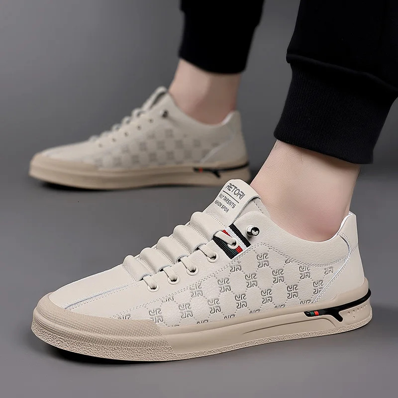 Spring New For Men Genuine Leather Casual Fashion Knurg Flat Skateboard Shoes Youth Lace-up Sneakers