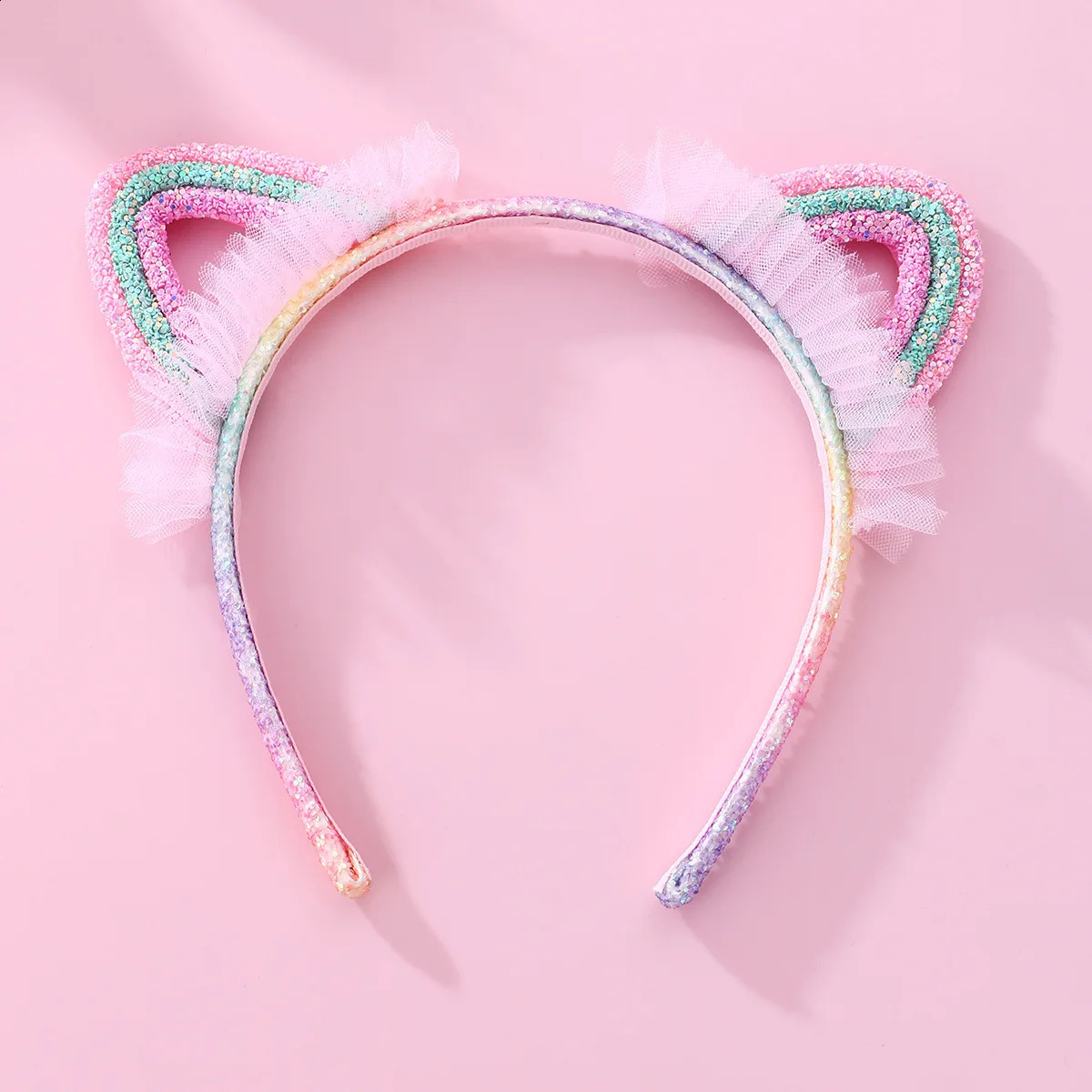 Glitter Rainbow Headbands Shiny Hairband Cat Ears Head Bands For Girls Sequin Printed Lace Princess Headband Kids Hair Piece 241223