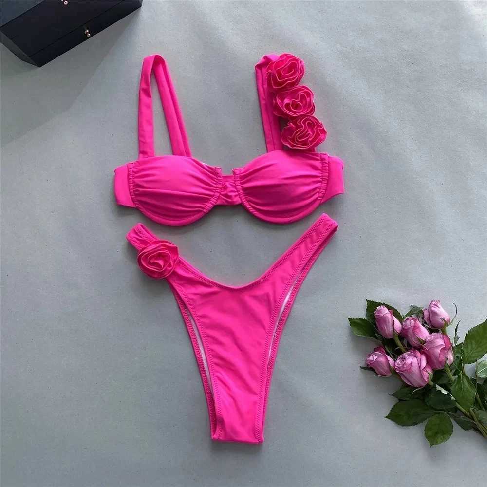 Sexy 3D Flower Rose Red Push Up Bikinis Sets Women Swimsuit 2024 High Leg Cut Swimwear Underwire Bathing Suit Micro Bikini MujerXJ241223