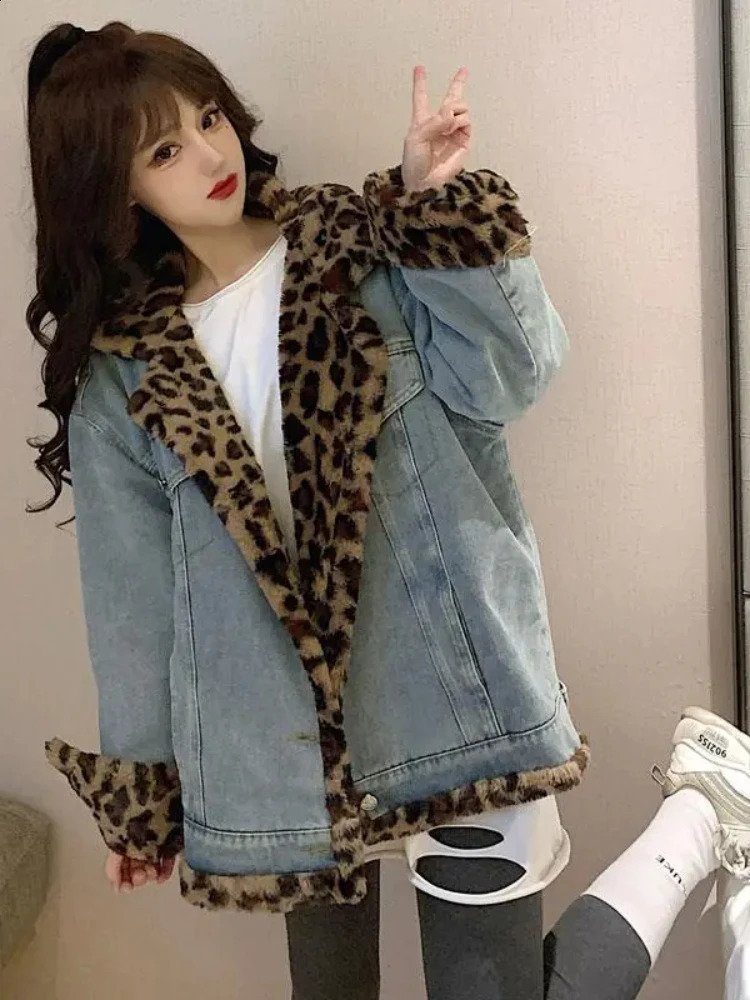 Womens Fur leopard-print Short Thick Mink Casual In The Autumn and Winter Lamb Wool Denim Two-sided Coat Jacket 241220