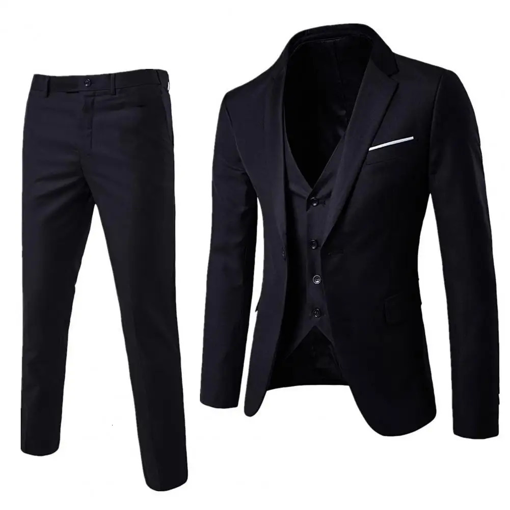 1 Set Men Blazer Vest Pants Solid Color Turndown Collar Groom Suit SingleBreasted Coat Zipper Clre Trousers 241220
