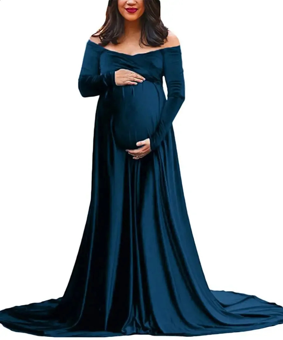 V-neck Neck Trailing Dress Long Skirt Pography Dress European and American Autumn and Winter Womens Gold Velvet Maternity 241223