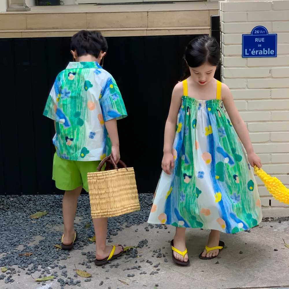 Brother T-shirt sisters dress Summer 2023 Boys and girls Korean ink painting pause clothing Family matching clothing sisters appearance S2548