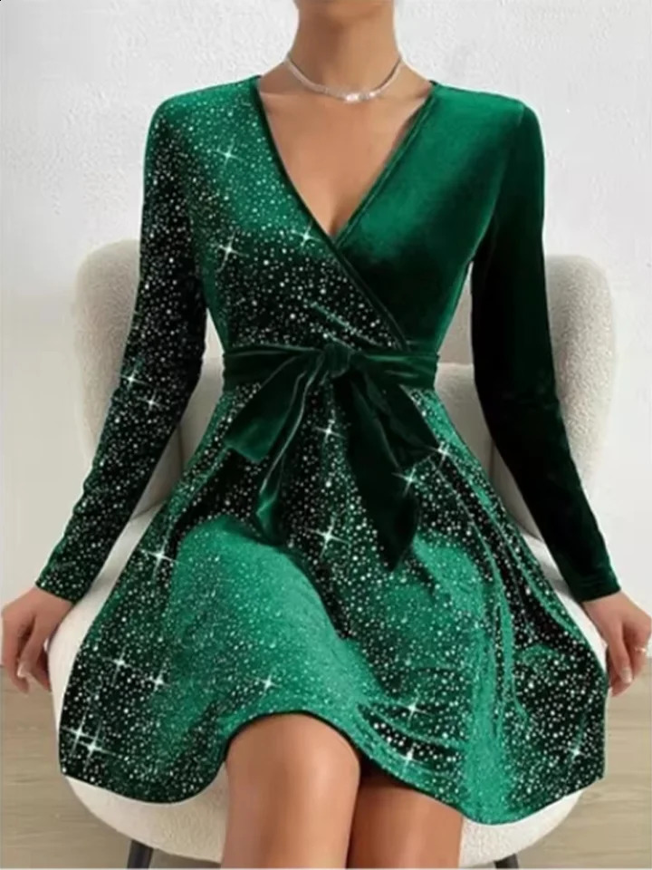 4-color sparkling mini dress for women sexy A-Line long sleeved dress spring and autumn party solid color dress 241223