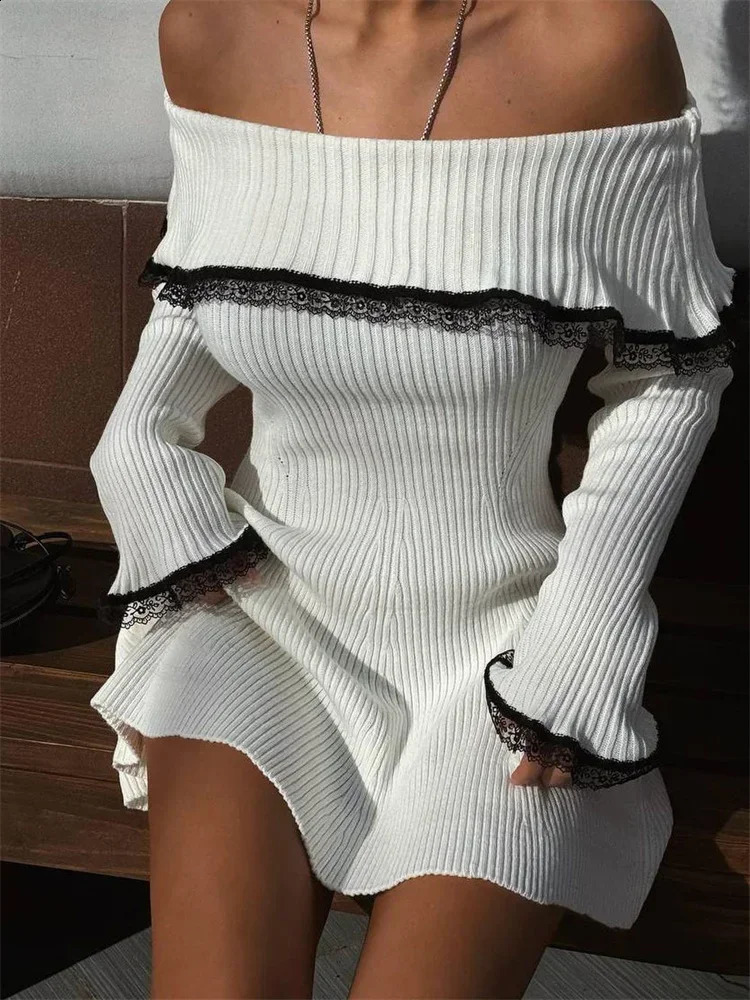 Tossy Knit OffShoulder Sweater Mini Dress Womens Lace Patchwork Ribbed Slim Backless Elegant Party Knitwear 241218