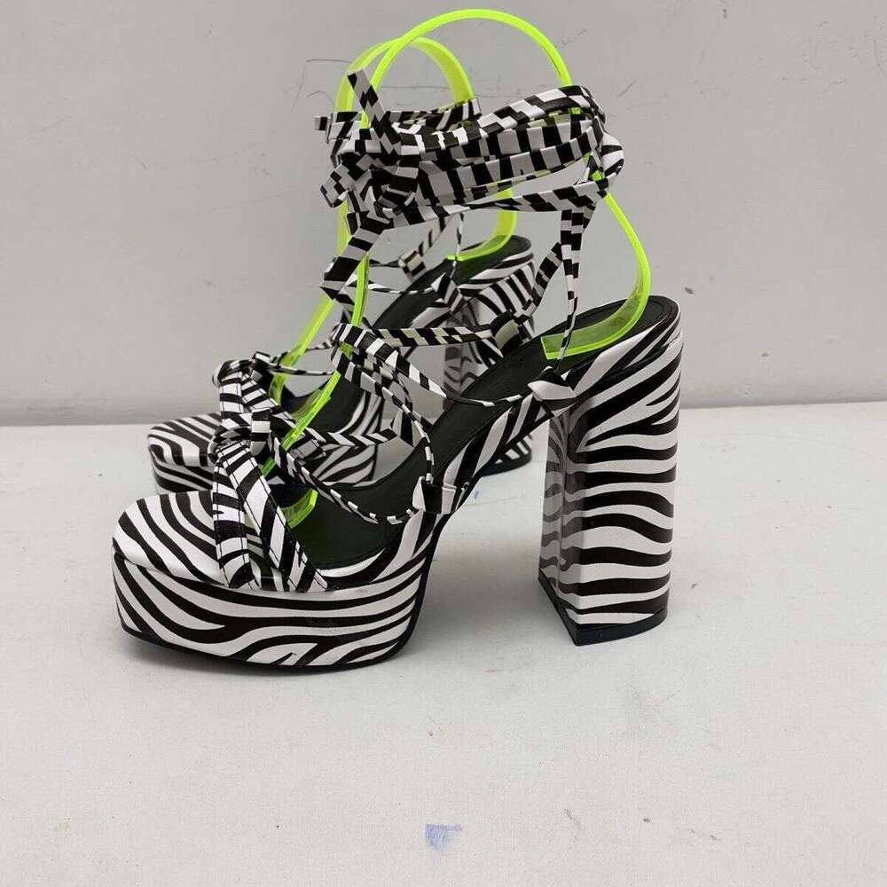 Large Size New Style Platform Cross Tie Strap High Heel Sandals Women summer chunky heel zebra printing slingbacks outdoor heels 12CM heeleed