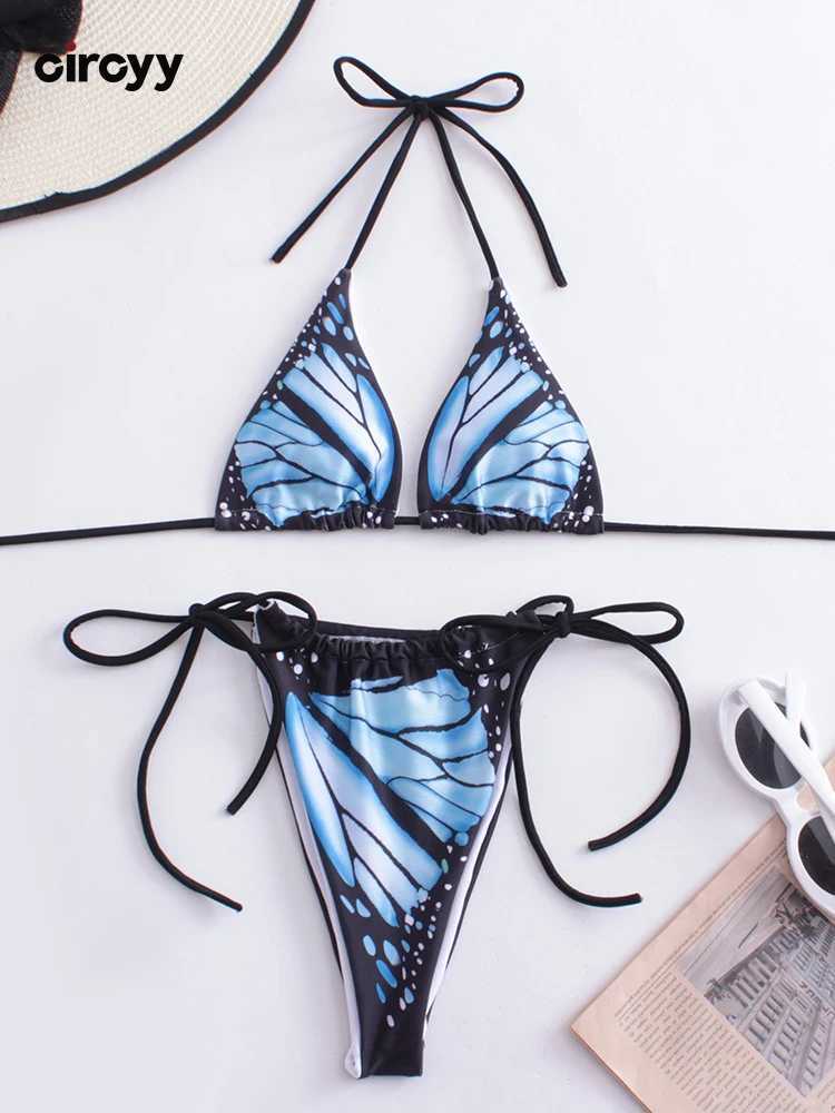 Circyy Swimsuit Women Sexy Butterfly Print Bikini Suit Lace Up Beachwear Summer Backless Two-pieces Swimwear Halter Bathing SuitXJ241223