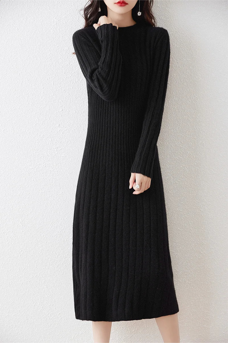 100% Merino Wool Long Sweater Dress Autumn And Winter Womens Striped Round Neck Pleated Skirt Pullover 241218