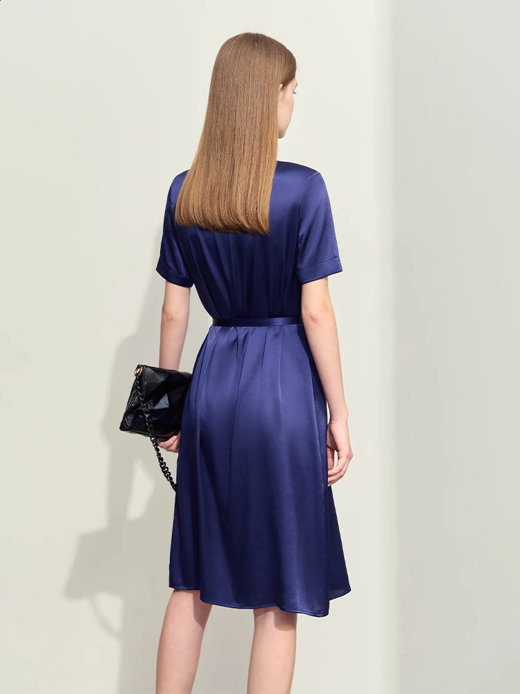 Amii Minimalism Summer Lapel Dress For Women Shortsleeve Mulberry Silk With Belt Office Lady Shirt Dresses 12452107 241218