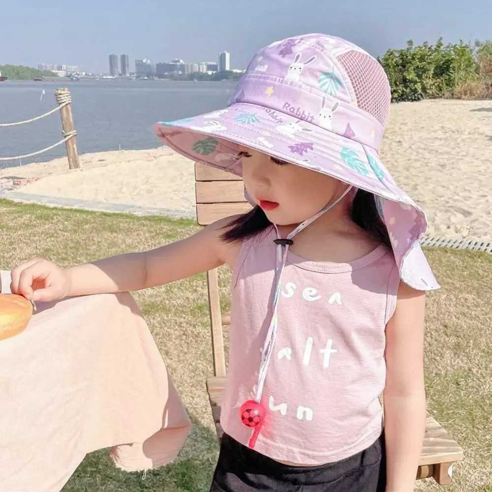 Caps Hats Summer baby sun hat bucket hat with whistle suitable for girls boys outdoor neck earmuffs UV resistant childrens beach hat H241223
