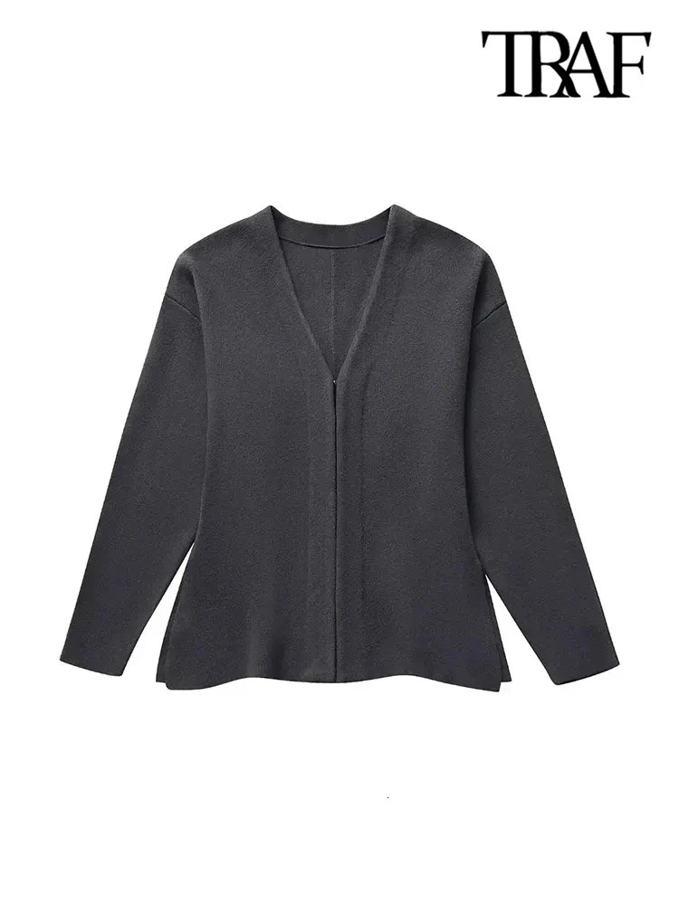 TRAFWomens Front Hook Fitted Knit Cardigan Sweater V Neck Long Sleeves Side Split Hem Female Outerwear Chic Tops Fashion 241220