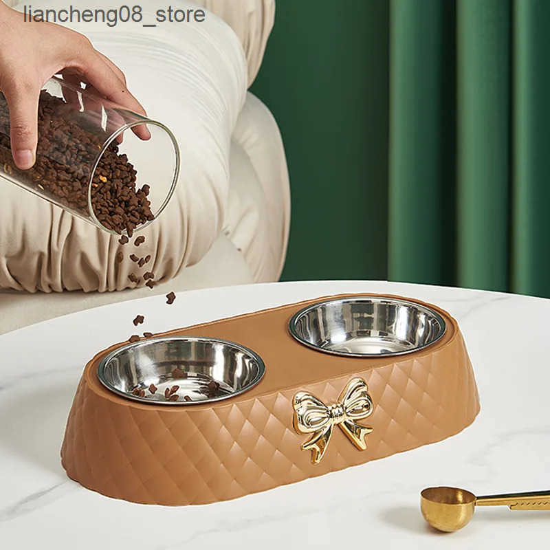 Dog Bowls Dishes Pet Bow-tie Cats Food Dog Stainless Steel Double Pet Drinking Double L240910