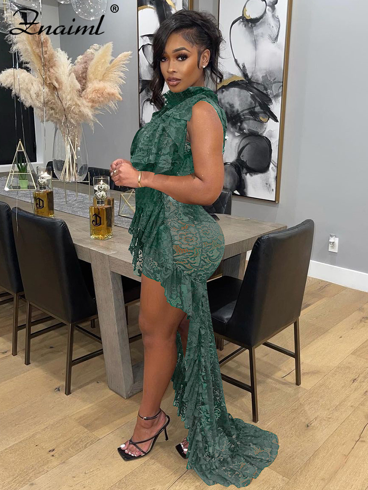 Znaiml 2023 Sexy Floral Lace Sheer Cocktail Evening Dresses for Women Ruffles Hem Bodycon Maxi Dress Elegant Birthday Outfits