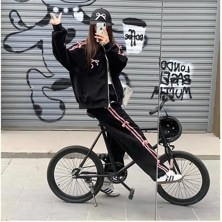 Autumn New Fashion Sports Style Gray Bow Stand Up Hoodie Coat+High Waist Loose Casual Wide Leg Pants Two Piece Set Women Outfits