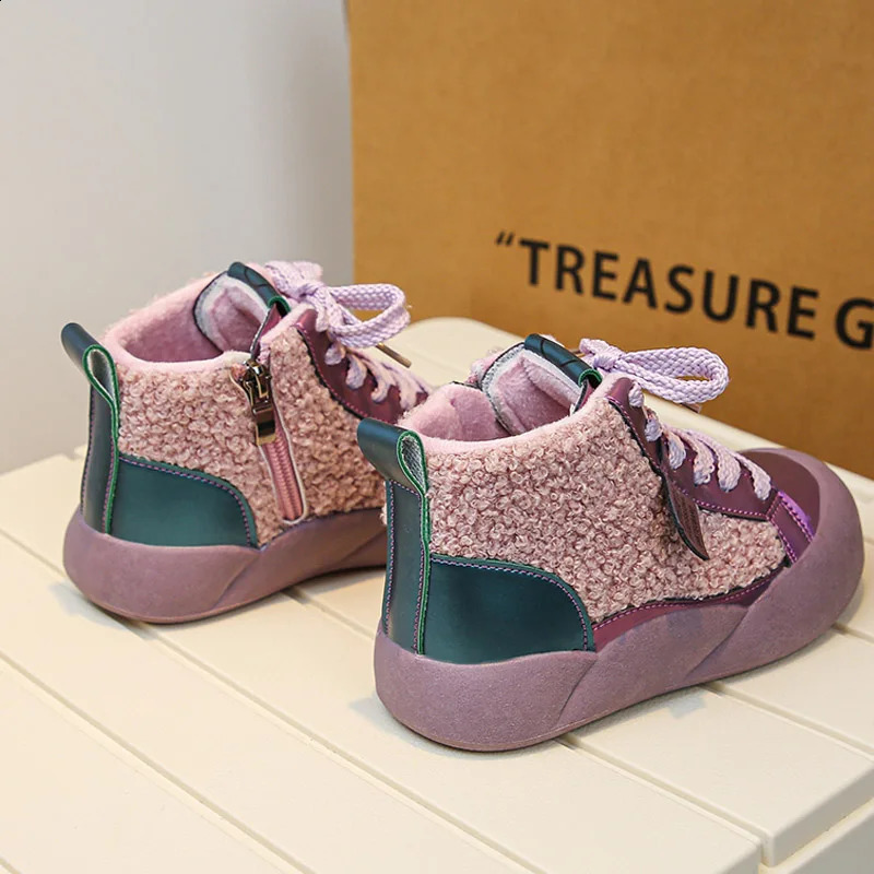 Fashion Purple Black Lambswool High Top Sneakers for Kid Girls Casual Plush Short Boots Boys Winter Warm Furry Sport Shoes 241223