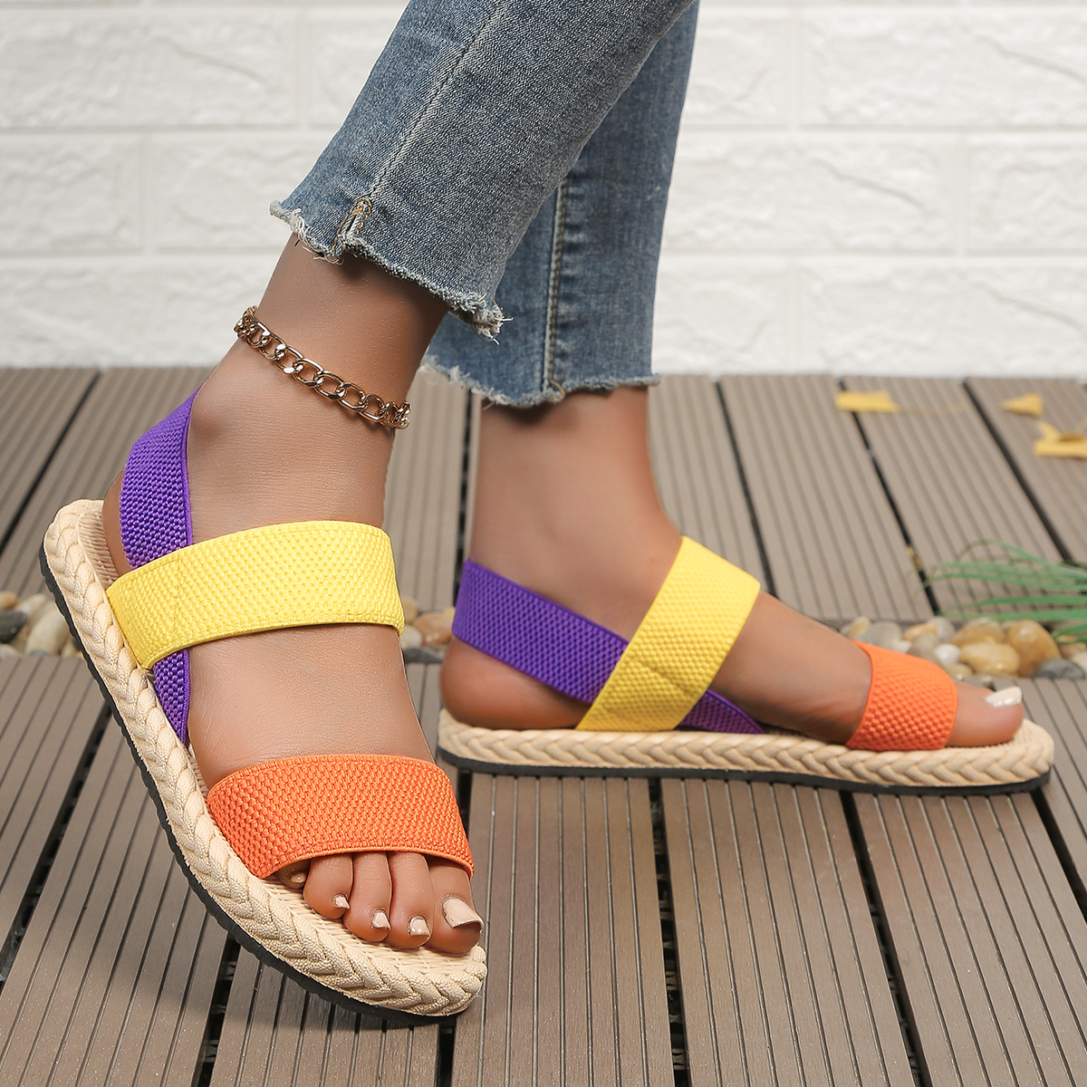 Women's fashion trend anti-slip wear-resistant multi-color matching elastic flat sandals
