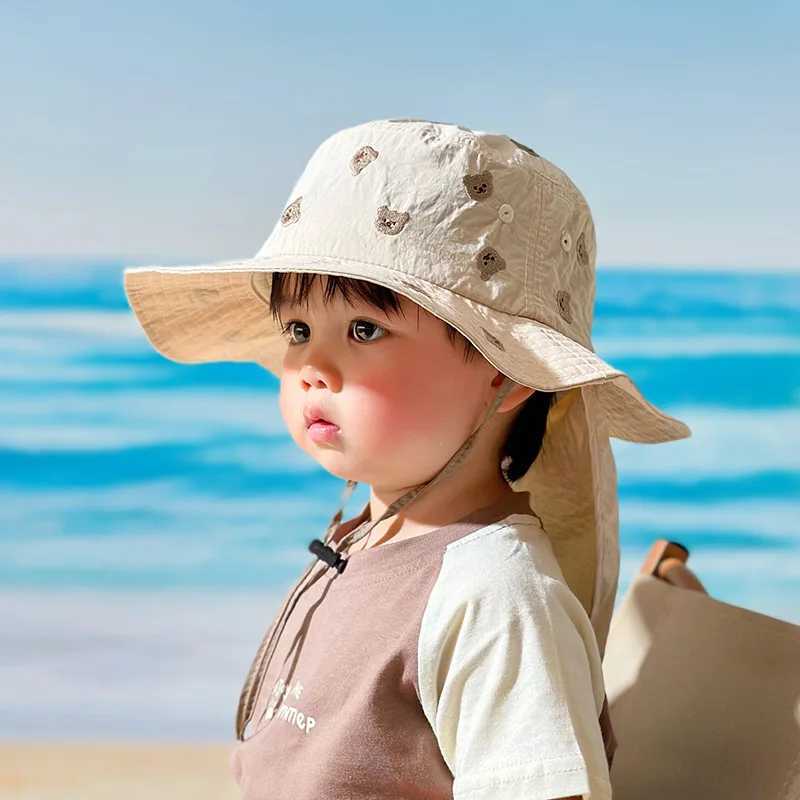 Caps Hats Childrens sun hat summer childrens outdoor collar earmuffs UV protection beach hat childrens boys and girls travel flip cover H241223