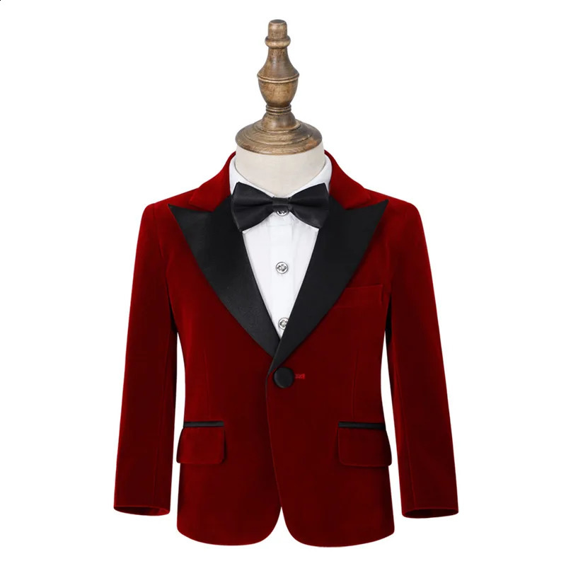 Autumn Boys Red Velvet Suit Set Children Birthday Party Wedding Host Piano Performance Costume Kids Blazer Pants Bowtie Outfit 241223
