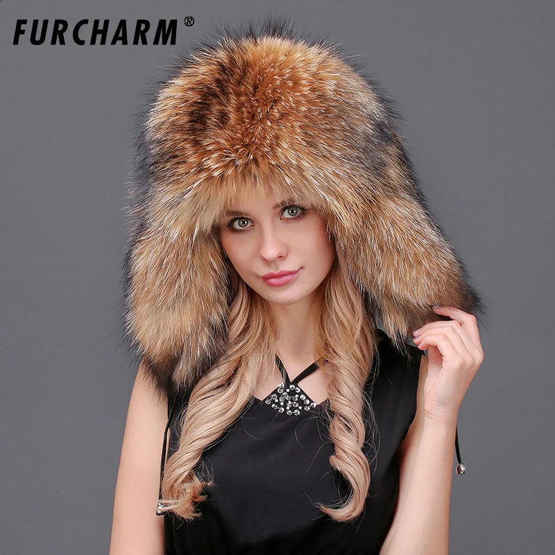 Womens winter hat with ear flaps 100% genuine fur Leifeng hat super warm hat with a luxurious raccoon fur top 241220