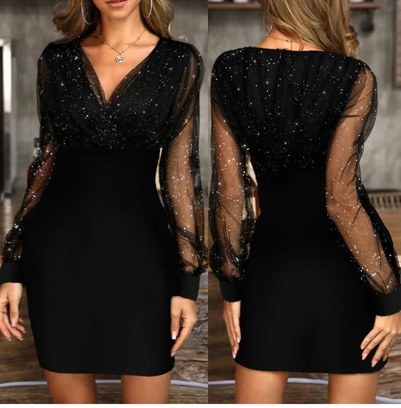 Sexy V-neck See Through long sleeved dress for womens spring and autumn party mini dress Vestdos cortos 241223