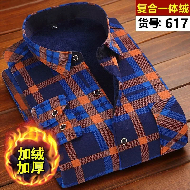 Autumn and Winter Mens Fashion Casual Plaid Long-Sleeved Shirt Mens Plus Fleece Thickened Warm High-Quality Shirt 241223