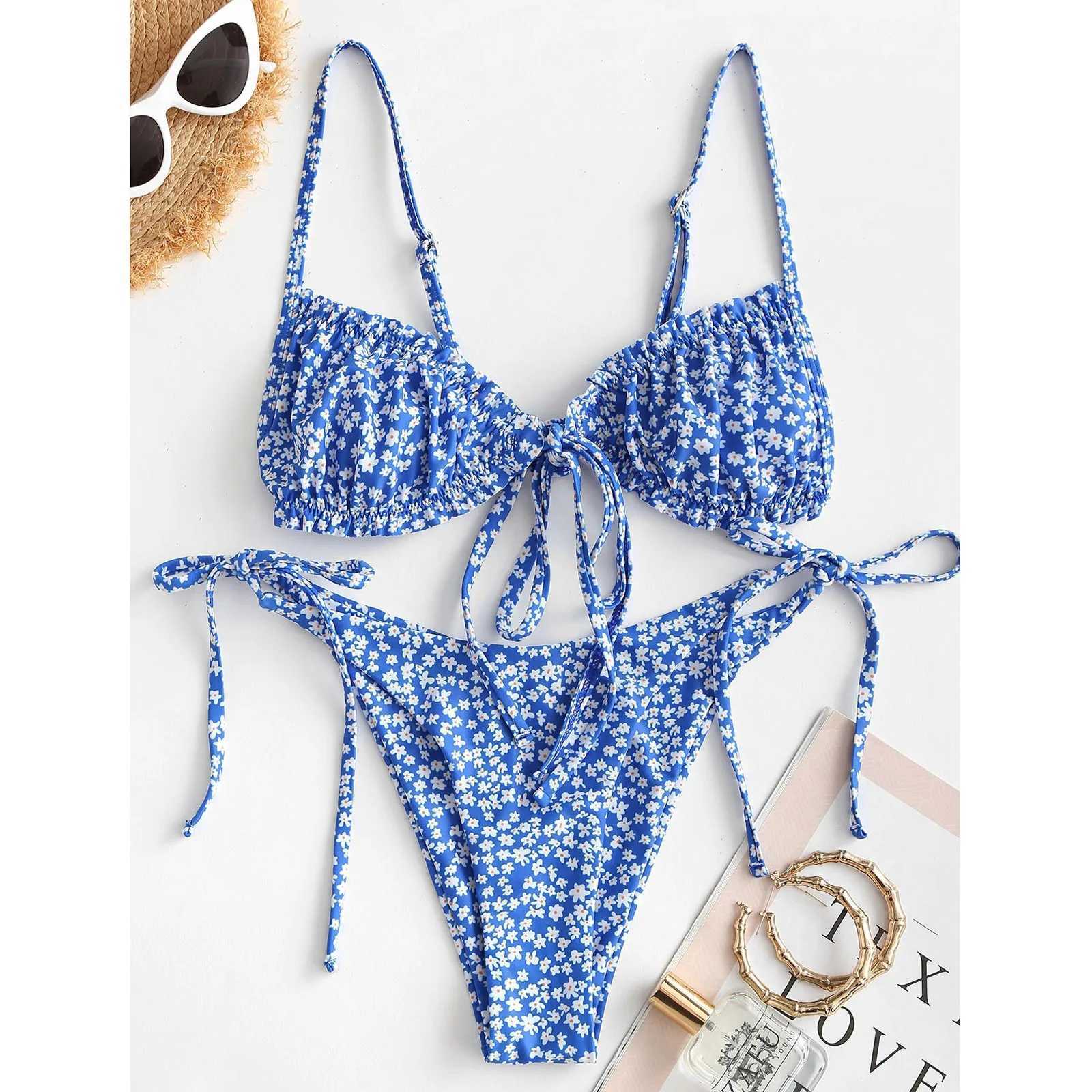 Sexy Floral Micro Bikini Set Swimwear Bandeau Women Brazilian Swimsuit Bikini Push-Up Swimwears Tankinis Set XJ241223