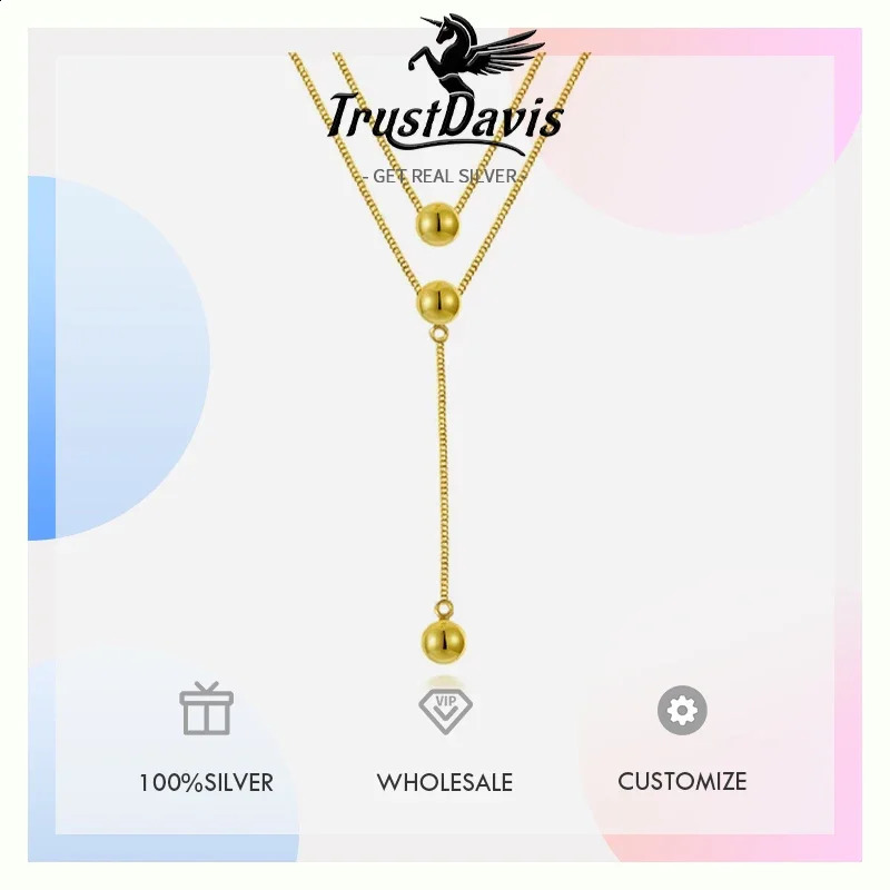 TrustDavis Real 925 Sterling Silver Fashion Double-deck Chain Beads Necklace For Women Wedding Valentines Day Jewelry DB293 241220