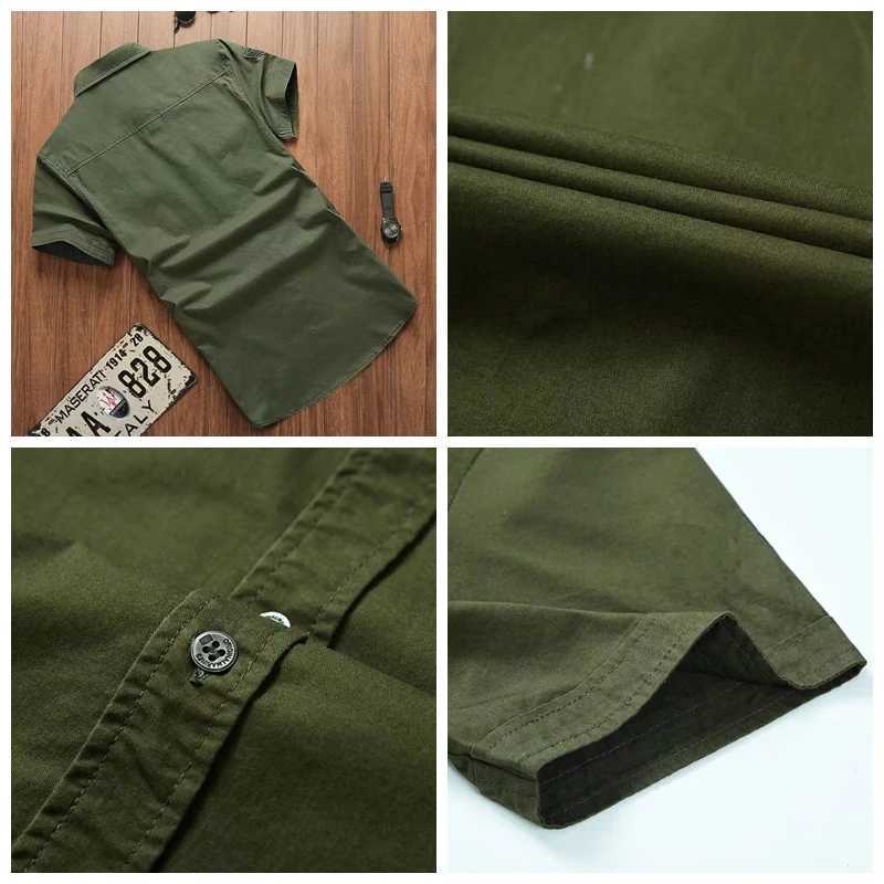 Military shirt mens casual fashion clothing cotton short sleeved retro solid black simple direct shipping W241223