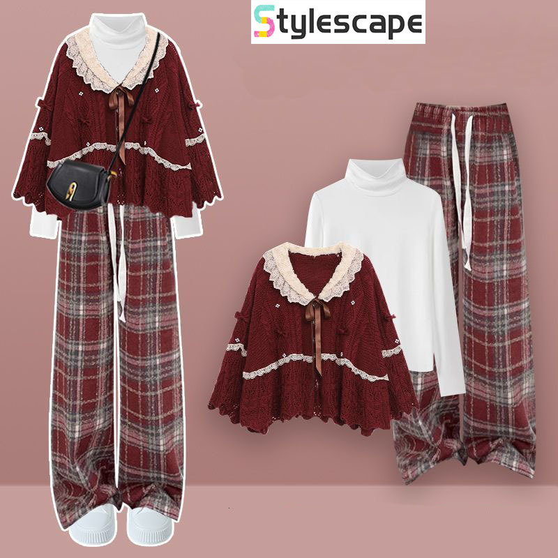 Autumn And Winter Two-Piece Women's New Holiday Outfit Red Sweater With Base Coat Wide Leg Pants Three Piece Pant Set