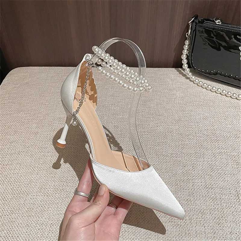 2024 Spring Women Wedding Shoes High Heels Brand Luxury Pearls Silk White Heels Ladies Sexy Pointed Toe Beading PumpsC241223