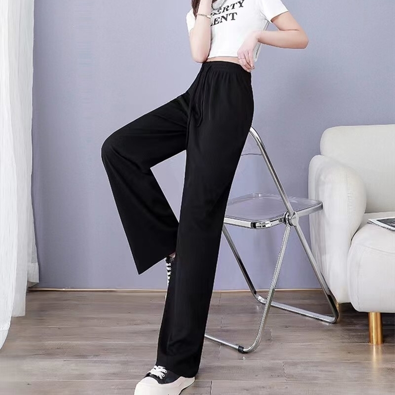 Women Pants Spring Summer Ice Silk Wide Leg 2024 High Waist Loose Straight Casual Pant Female Outdoor Black Trousers y241203