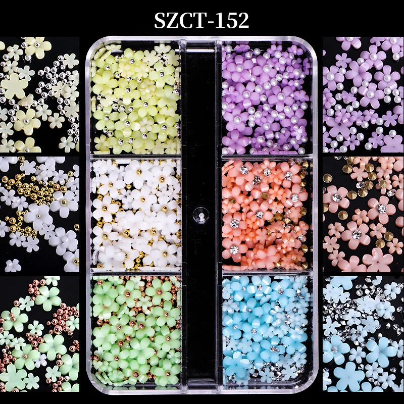 6 PCS color nail resin five-petal flower small steel ball mixed wearing nail decoration 241223