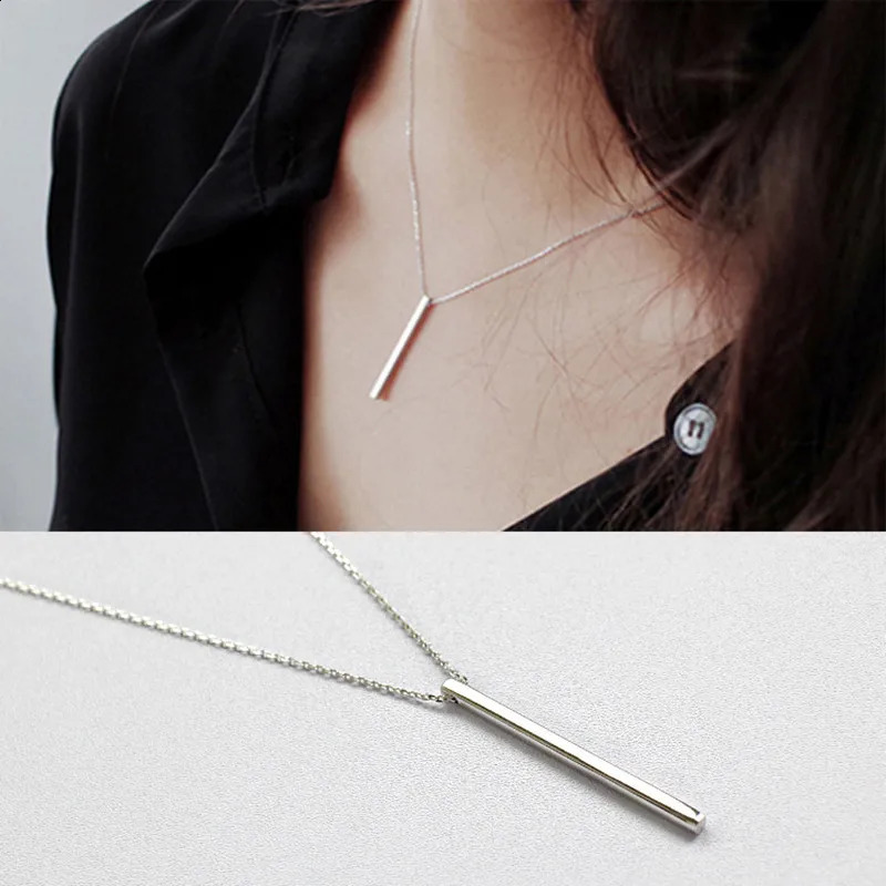 Real Sterling 925 Silver Rectangular Stick Necklace Woman Accessories Minimalist Friendship Pendants Necklaces Neck Jewelry 241220