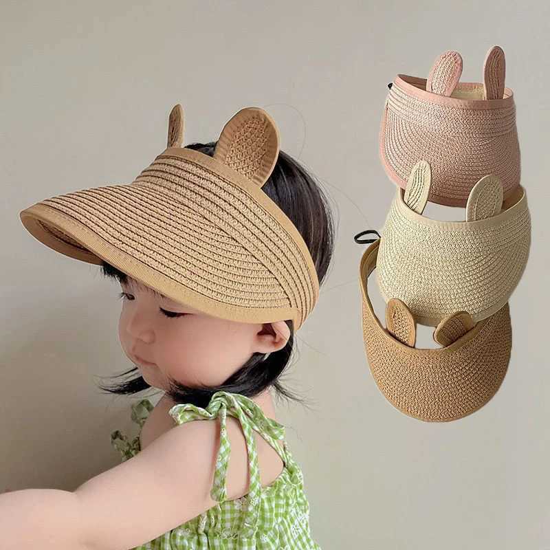 Caps Hats Cute bear ears empty top hat baby straw hat childrens long Brim sunshade childrens adjustable summer beach hat boys and girls props H241223