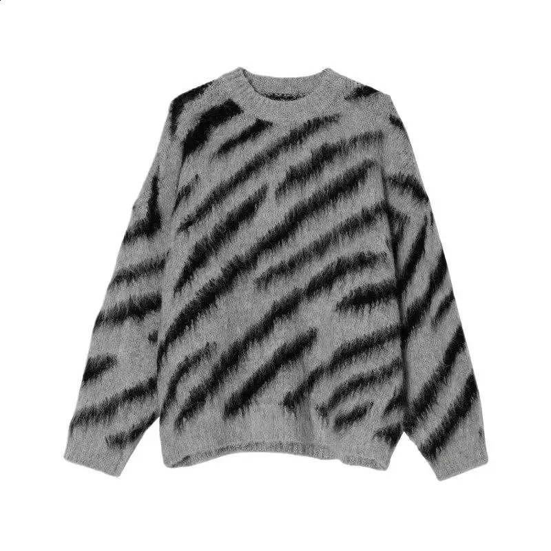 Mens Women Zebra Stripe Retro Autumn Winter Sweater Mens Versatile Loose Lazy Couple Knitted Pullover Korean Street Y2K Knitwear 241223