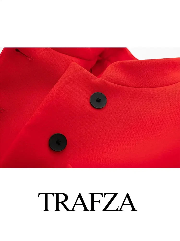 TRAFZA Women Red Slim Cropped Coat Casual Stand Collar Long Sleeve Jacket Vintage Solid Woman Fashion Y2k High Street Outerwear 241223