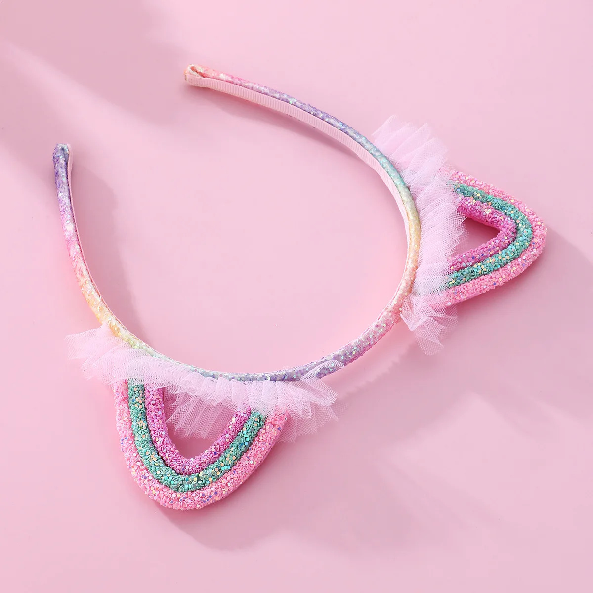 Glitter Rainbow Headbands Shiny Hairband Cat Ears Head Bands For Girls Sequin Printed Lace Princess Headband Kids Hair Piece 241223